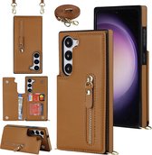 Casemania Hoesje Geschikt voor Samsung Galaxy S23 Bruin - Luxe Back Cover met Koord - Wallet Case - Pasjeshouder