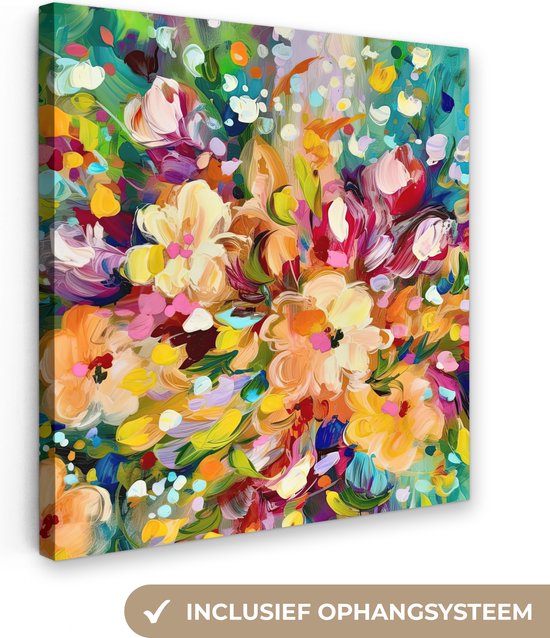 Canvas Schilderij Schilderij - Olieverf - Bloemen - Regenboog - 20x20 cm - Wanddecoratie