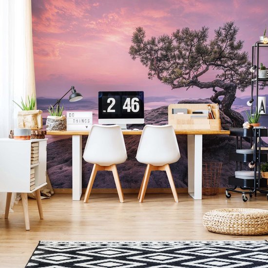 Papier peint Purple Sky Mountain Tree | VEXXL - 312 cm x 219 cm | Polaire 130gr / m2