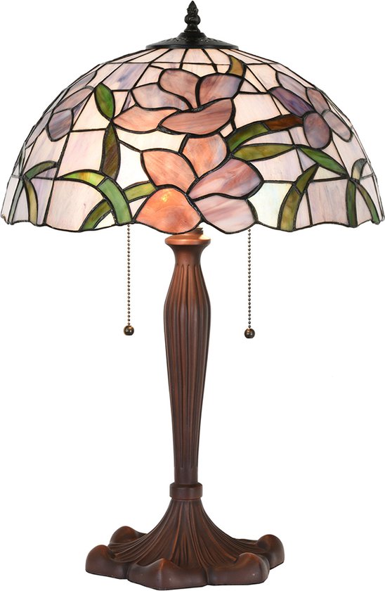 HAES DECO - Tiffany Tafellamp Ø 40x60 cm Roze Glas Kunststof Rond Bloemen Tiffany Bureaulamp Tiffany Lampen Glas in Lood