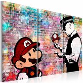 Schilderij - Regenboog muur - Banksy , mario bros , 3 luik  , multi kleur