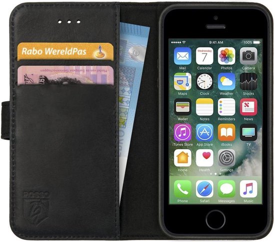 Klassiek opstelling Zeggen Rosso Apple iPhone 5/5S/SE Cover Echt Leer Pasjes Book Case Zwart | bol.com