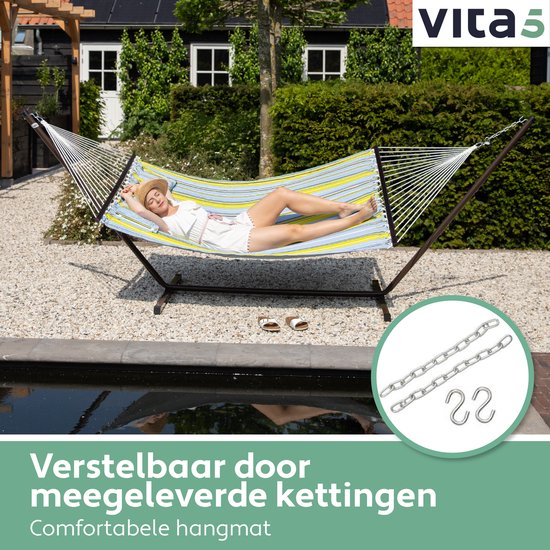 Vita5 Hangmat met Standaard en Spreidstok – 2 Persoons – Afneembaar kussen – Weerbestendig – Blauw/Groen