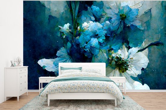 Bloemen - Boeket - Verf - Blauw - Behangpapier