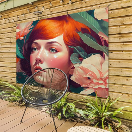 Tuinposter 160x120 cm - Tuindecoratie Portret - Vrouw - Bloemen - Roze - Botanisch - Poster voor in de tuin - Buiten decoratie - Schutting tuinschilderij - Tuindoek muurdecoratie - Wanddecoratie balkondoek