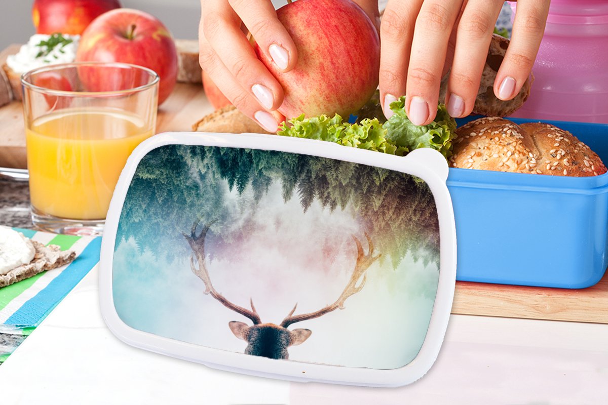 Broodtrommel Blauw - Lunchbox - Brooddoos - Hert - Gewei - Bos - Mist - 18x12x6 cm - Kinderen - Jongen