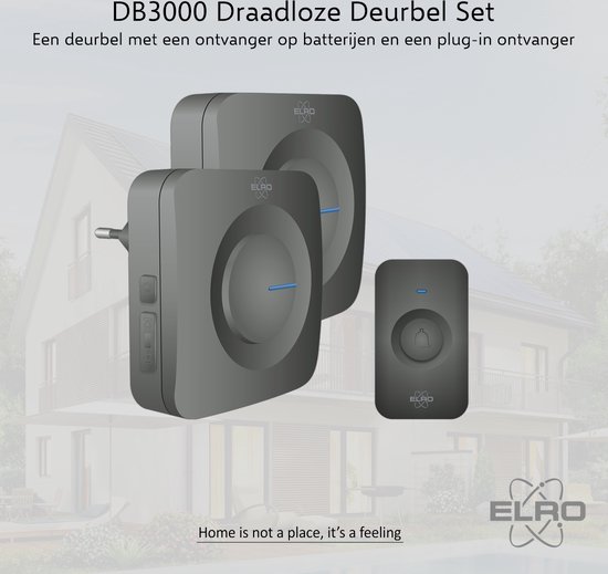 Zwarte Elro DB3000 draadloze deurbel set met plug-in en batterij ontvanger.
