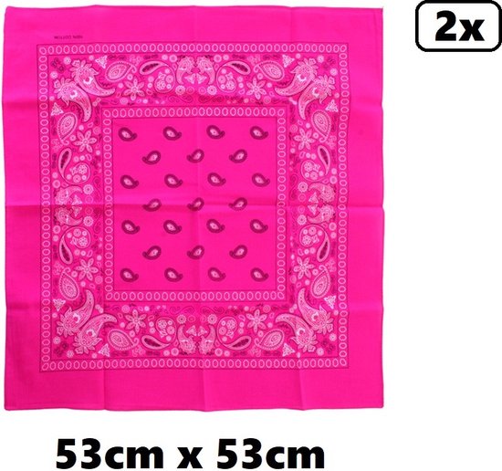 2x Zakdoek fluor roze met motief 53cm x 53cm - zakdoek bandana boeren carnaval feest sjaal festival themafeest