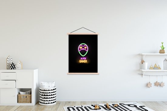 Porte-affiche avec affiche 87x120 cm - Affiche scolaire - Gaming - Citations - Néon - Alien gamer - Manette - Affiche textile - Lattes vierges