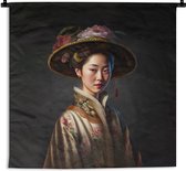 Wandkleed - Wanddoek - Vrouw - Portret - Bloemen - Hoed - Aziatisch - 60x60 cm - Wandtapijt