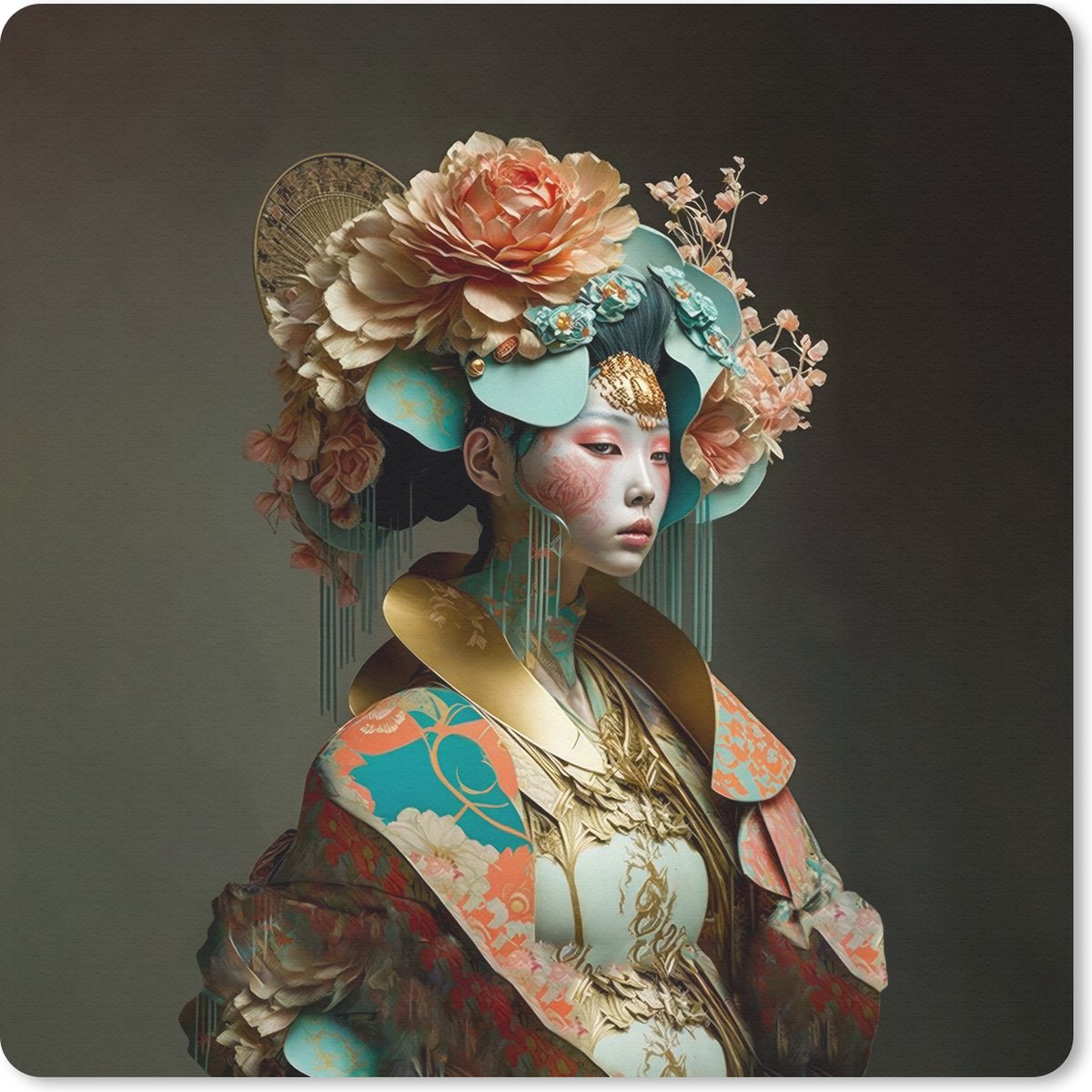 Muismat 30x30 cm - Mousepad Vrouw - Bloemen - Oranje - Portret - Asian - Muismatten