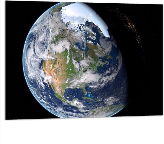 Dibond - Licht en Donker op Aarde in het Heelal - 100x75 cm Foto op Aluminium (Met Ophangsysteem)