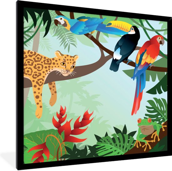 Fotolijst incl. Poster - Jungle dieren - Toekan - Jongens - Meiden - Luipaard - 40x40 cm - Posterlijst