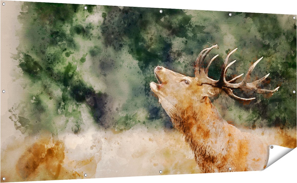 Gards Tuinposter Hert Aquarel - Abstract - 200x100 cm - Tuindoek - Tuindecoratie - Wanddecoratie buiten - Tuinschilderij Multikleur