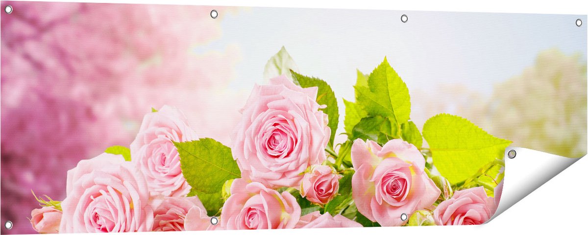 Gards Tuinposter Boeket Roze Rozen Bloemen - 150x50 cm - Tuindoek - Tuindecoratie - Wanddecoratie buiten - Tuinschilderij Multikleur
