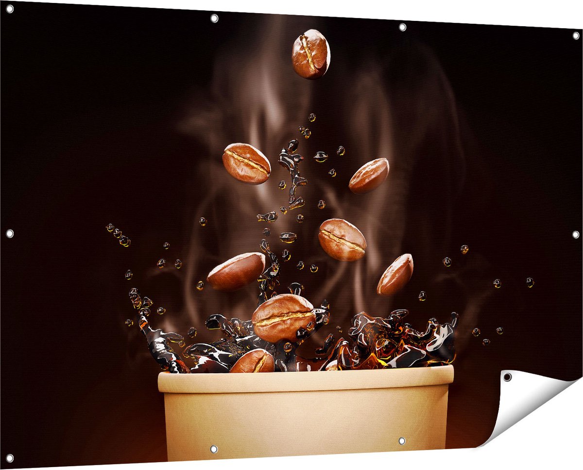 Gards Tuinposter Koffie Beker met Koffiebonen Erin - 150x100 cm - Tuindoek - Tuindecoratie - Wanddecoratie buiten - Tuinschilderij Multikleur