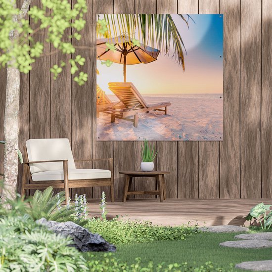 Gars Affiche de jardin Plage tropicale au coucher du soleil - 120x120 cm - Toile jardin - Décoration de jardin - Décoration murale extérieur - Tableau jardin