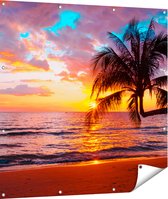 Gards Tuinposter Tropisch Strand tijdens Zonsondergang - 110x110 cm - Tuindoek - Tuindecoratie - Wanddecoratie buiten - Tuinschilderij