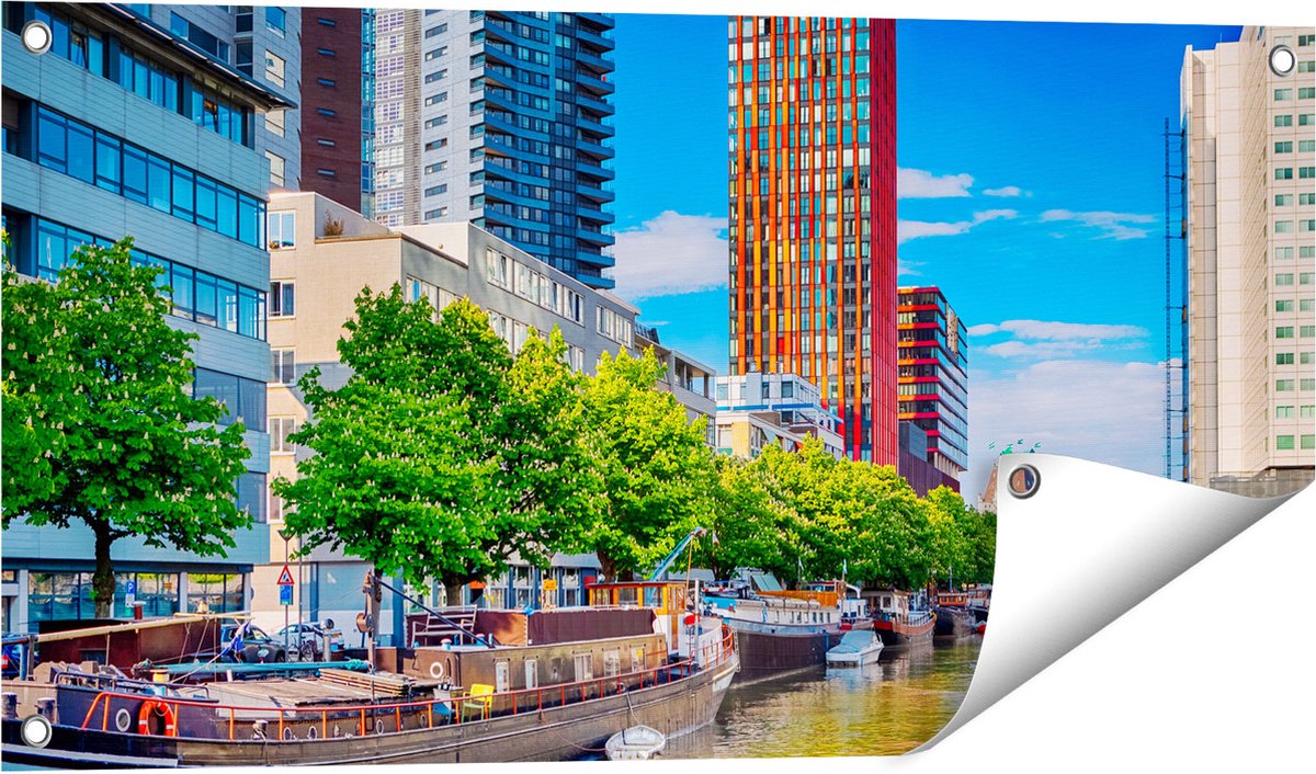 Gards Tuinposter Rotterdamse Gracht met Boten - 80x40 cm - Tuindoek - Tuindecoratie - Wanddecoratie buiten - Tuinschilderij Multikleur