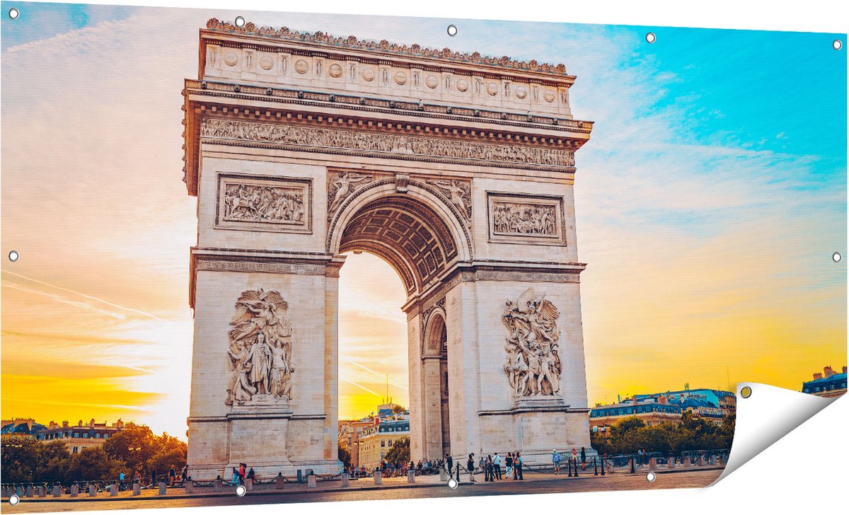 Gards Tuinposter Arc de Triomphe in Parijs met Zonsondergang - 160x80 cm - Tuindoek - Tuindecoratie - Wanddecoratie buiten - Tuinschilderij Multikleur