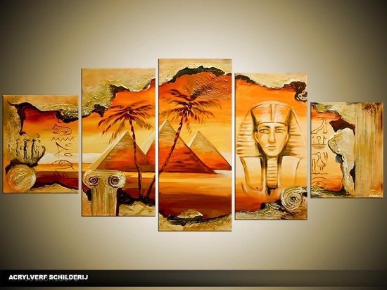 Schilderij -  Egypte - Oranje, Geel, Bruin - 150x70cm 5Luik - GroepArt - Handgeschilderd Schilderij - Canvas Schilderij - Wanddecoratie - Woonkamer - Slaapkamer - Geschilderd Door Onze Kunstenaars 2000+Collectie Maatwerk Mogelijk