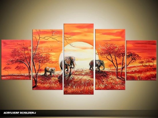 Schilderij -  Afrika - Oranje - 150x70cm 5Luik - GroepArt - Handgeschilderd Schilderij - Canvas Schilderij - Wanddecoratie - Woonkamer - Slaapkamer - Geschilderd Door Onze Kunstenaars 2000+Collectie Maatwerk Mogelijk