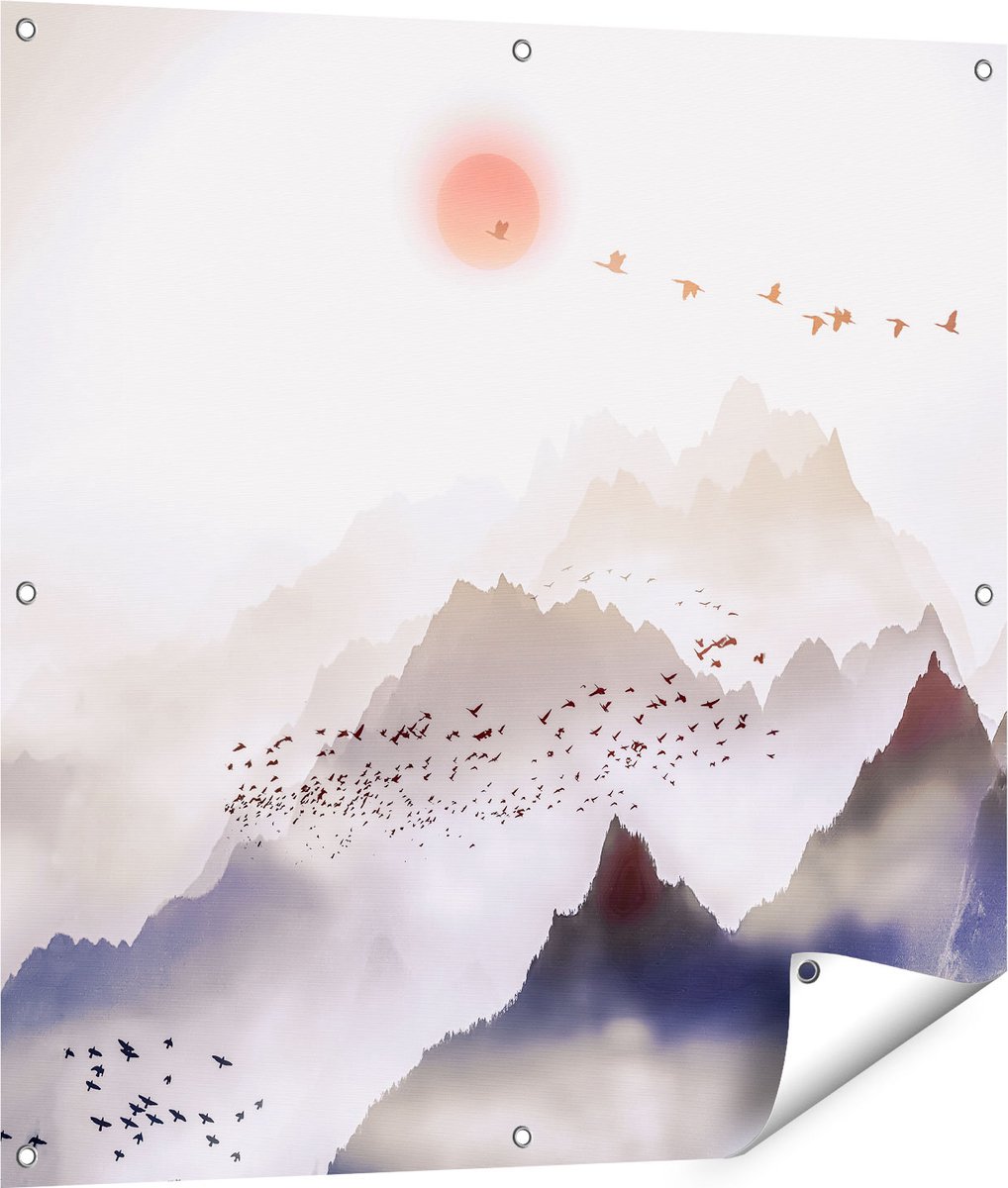 Gards Tuinposter Bergenlandschap met een Boom - Abstract - 90x90 cm - Tuindoek - Tuindecoratie - Wanddecoratie buiten - Tuinschilderij Multikleur