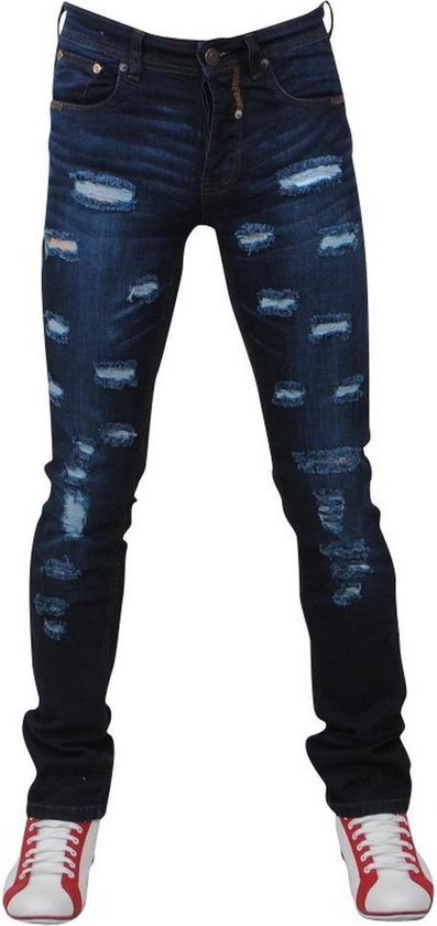Bravo Jeans - Heren Jeans - Damaged Look - Slim Fit - Stretch - Lengte 32 -  Donker Blauw | bol.com
