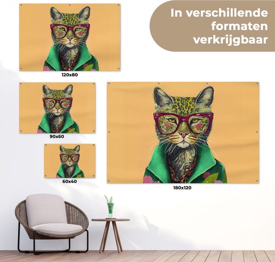 Affiche jardin - Toile jardin - Posters de jardin extérieur - Animaux - Chat - Lunettes - Fleurs - Hippie - 120x80 cm - Jardin