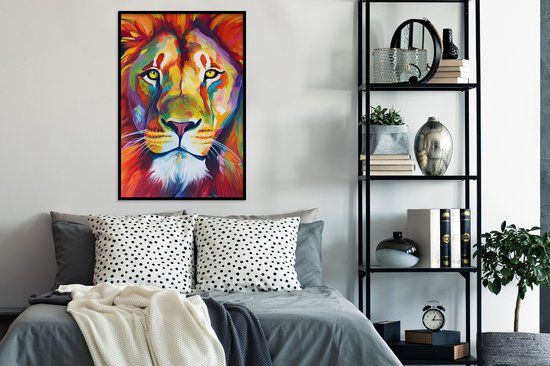Cadre photo avec affiche - Lion - Animaux - Peinture à l'huile - Arc-en-ciel - 60x90 cm - Cadre pour affiche