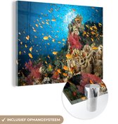 MuchoWow® Glasschilderij 120x90 cm - Schilderij acrylglas - Koraal met vissen - Foto op glas - Schilderijen