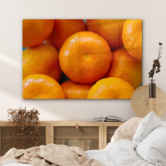 MuchoWow® Peinture sur verre 120x80 cm - Peinture sur verre acrylique - Mandarines brillantes en tas - Photo sur verre - Peintures