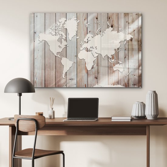 Peinture sur verre - Carte du Wereldkaart - Bois - Simple - 120x80 cm - Peintures en plexiglas