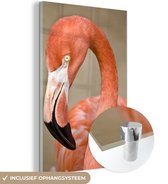 MuchoWow® Glasschilderij 80x120 cm - Schilderij acrylglas - Een close-up van een flamingo in ruststand - Foto op glas - Schilderijen