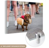 MuchoWow® Glasschilderij 30x20 cm - Schilderij acrylglas - Teckel verkleed als hotdog - Foto op glas - Schilderijen