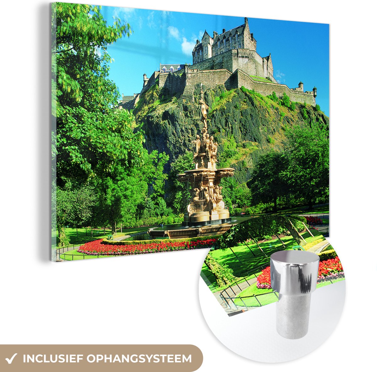 ® Glasschilderij 150x100 cm - Schilderij acrylglas - Kasteel van Edinburgh en fontein in S