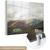 MuchoWow® Glasschilderij 180x120 cm - Schilderij acrylglas - Bus - Bergen - Wolken - Foto op glas - Schilderijen