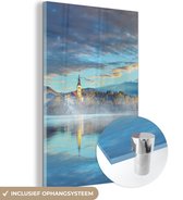 MuchoWow® Glasschilderij 80x120 cm - Schilderij acrylglas - Meer - Kerk - Slovenië - Foto op glas - Schilderijen