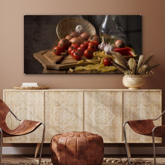 MuchoWow® Tableau sur verre 120x60 cm - Tableau sur verre acrylique - Planche à découper - Légume - Nature morte - Pâtes - Oignon - Tomate - Planche à découper - Photo sur verre - Décoration murale salon - Décoration murale chambre - Peintures