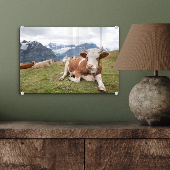 MuchoWow® Peinture sur verre 30x20 cm - Peinture acrylique sur verre - Vaches - Prairie - Alpes - Photo sur verre - Peintures