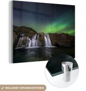 MuchoWow® Glasschilderij 120x90 cm - Schilderij acrylglas - Noorderlicht - Waterval - IJsland - Natuur - Foto op glas - Schilderijen