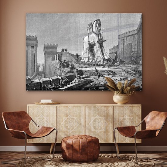 MuchoWow® Peinture sur verre 150x100 cm - Peinture sur verre acrylique - Une illustration antique en noir et blanc du cheval de Troie - Photo sur verre - Peintures