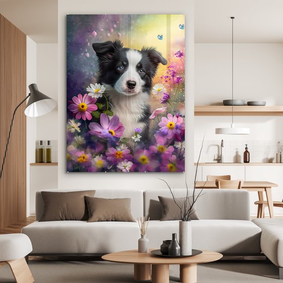 MuchoWow® Peinture sur verre 120x160 cm - Peinture sur verre acrylique - Chien - Fleurs - Nature - Puppy - Border collie - Photo sur verre - Peintures