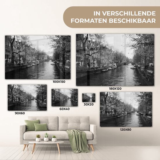 Peinture sur Verre - Canal d'Amsterdam - Zwart - Wit - 120x80 cm - Peintures sur Verre Peintures - Photo sur Glas