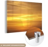 MuchoWow® Glasschilderij 90x60 cm - Schilderij acrylglas - Okergele zonsondergang - Foto op glas - Schilderijen