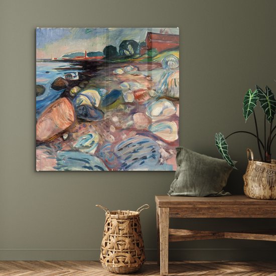 MuchoWow® Peinture sur verre 90x90 cm - Peinture sur verre acrylique - Banque avec maison rouge - Edvard Munch - Photo sur verre - Peintures