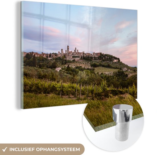 MuchoWow® Glasschilderij 30x20 cm - Schilderij acrylglas - Wijngaard in Toscane - Foto op glas - Schilderijen