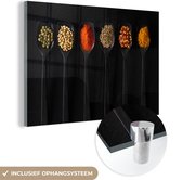 MuchoWow® Glasschilderij 90x60 cm - Schilderij acrylglas - Lepels - Specerijen - Zwart - Kruiden - Rustiek - Foto op glas - Schilderijen
