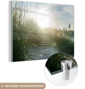 MuchoWow® Glasschilderij 80x60 cm - Schilderij acrylglas - Strand - Duin - Zon - Foto op glas - Schilderijen