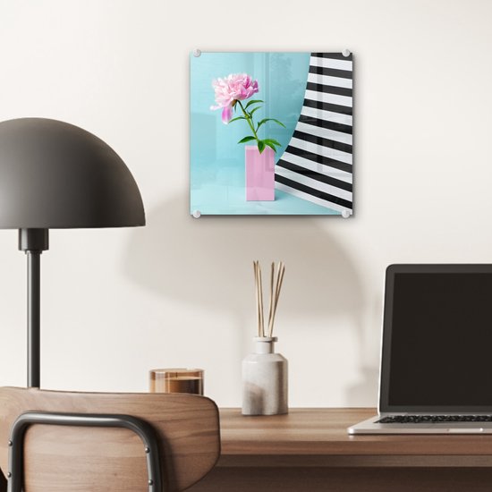 MuchoWow® Peinture sur verre 20x20 cm - Peinture sur verre acrylique - Pivoine rose sur fond bleu - Photo sur verre - Peintures